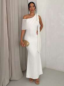 Glamine 女士性感度假、派对和约会长款单肩鱼尾荷叶边连衣裙 - 杏色 - 查看 5