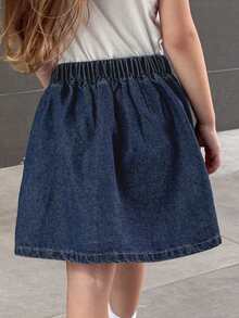 Dazy Kids Rok Mini Denim Lipit Berhias Pita untuk Anak Perempuan, Kasual, Serbaguna, Cocok untuk Kencan dan Jalan-jalan. - Biru - View 2