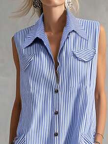 Women's Woven Striped Elegant And Simple Summer Long Dress - Blue - View 4