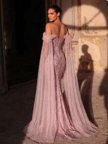 Glamrae Elegant Luxurious Pearl Sequin Mesh Splice Off-Shoulder 3D Rhinestone Handmade Beaded Sheer Extra Long Sleeve Mermaid Side High Slit Tie Formal Dress - Pink - View 2