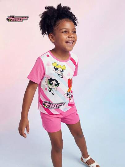 THE POWERPUFF GIRLS X SHEIN Maija Kids Bộ đồ 2 món cho bé gái, gồm áo thun cổ tròn tay ngắn và quần short cạp chun in hình động vật hoạt hình, chất liệu mềm mại.