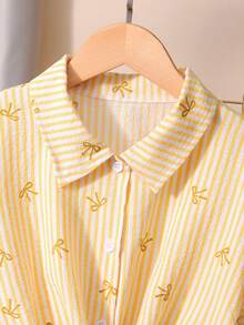 2pcs/Set Girls Pink Striped Textured Fabric Short Sleeve Shirt And Casual Pants,Cute Summer White Family Matching Outfit,Collared Button-Up Bow Top - Yellow - View 7