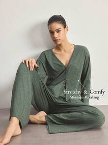 Ocili Minimalist Comfortable Collarless Soft Pajama Set For Women - Dark Green - View 1