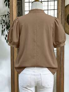 Linhara Blusa elegante da donna con colletto alla coreana e maniche a sbuffo, adatta per appuntamenti, pendolarismo, ufficio, tè pomeridiano con amici - Caffè Marrone - Visualizzare 2