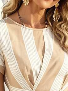 SHEIN Holidaya Women's Casual Vacation Style Khaki Striped Mid-Length Dress - Khaki - View 3