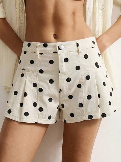 Bohemela Quần short denim nữ in chấm bi, có túi và cúc cài.