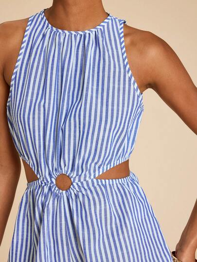 Travachic Bộ jumpsuit nữ không tay, khoét eo, kẻ sọc, kiểu dáng thường ngày, thích hợp cho kỳ nghỉ.