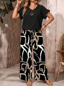 Sommarminimalistisk enfärgad topp med volangkant och abstrakta geometriska linjetryck i casual-stil - Plusstorlek 2-delat set - Multifärgad - Visa 3