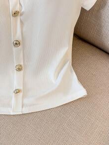 Everyssa 白色罗纹露肩仿门襟纽扣优雅女式上衣 - 白色 - 查看 4