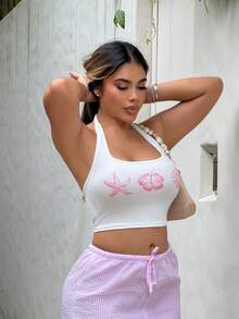 Maria Perezxox Camiseta sin mangas de cuello halter color rosa con estampado de estrella de mar, flor y concha, adecuada para el verano - Multicolor - Ver 5