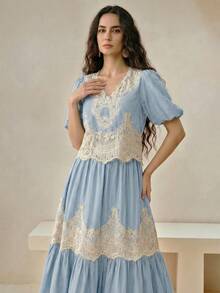 Anewsta Vintage Boho Light Blue V-Neck Puff Sleeve + Lace Patchwork Flared Skirt Vacation Style 2 Pieces Set Brunch Vacation Fall/Summer - Blue - View 6