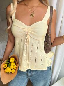SHEIN CovetEZ Áo dệt kim nữ đa năng, kiểu dáng khoét lỗ, xếp ly, thắt nơ phía trước, thích hợp cho kỳ nghỉ. - Màu vàng - Xem 5