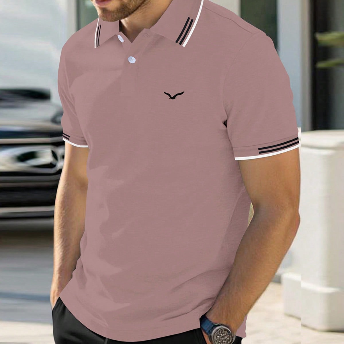 Camisa polo formal de manga corta a rayas casual para hombre, para ir al trabajo, golf, rosa empolvado, verano, ceremonia