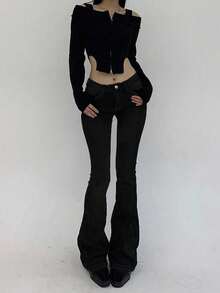 Women's Slim Fit Low Waist Flare Leg Long Denim Jeans - Black - View 5