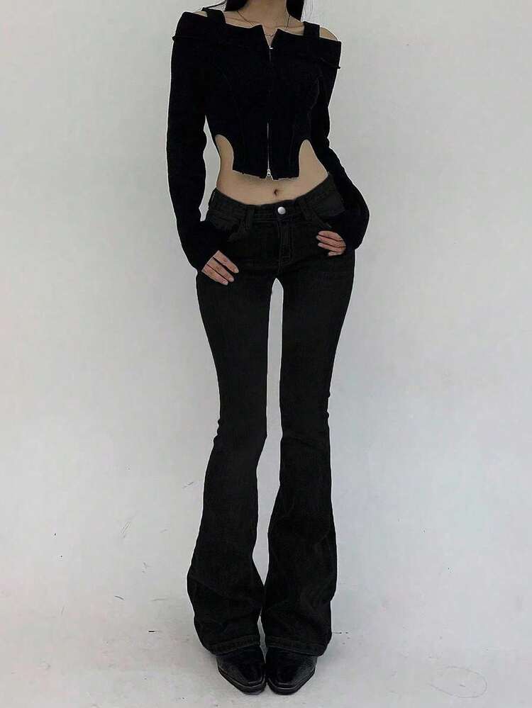 Women's Slim Fit Low Waist Flare Leg Long Denim Jeans