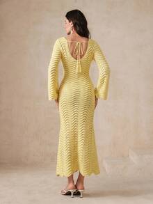 Anewsta Solid Color Sexy Hollow Wave Flare Sleeve Beach Dress - Pale Yellow - View 2