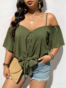 EMERY ROSE Fashionable Casual Retro V-Neck Off-Shoulder Tie-Up Shirt - Olive Green - View 7