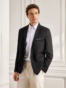 Officeau 1pc Men's Solid Color Fashionable Slim Fit Casual Blazer Jacket, Suitable For Business And Leisure Occasions - Black - View 5
