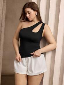 Flouryn New Spring/Summer Asymmetrical Shoulder Brown Fitted Top And Shorts 2 Pieces Set, Plus Size Gym - Multicolor - View 5