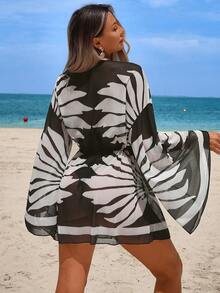 Swim Lushoire Women's Vacation Beach Mesh Shell Digital Print Flare Sleeve Elastic Waist Drawstring Tie Vacation Kimono Robe - Black - View 2