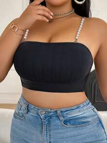 Plus Size Wireless Bra, Thin Comfortable Front Closure Gather Lift Pearl Strap Bra, 1pc Strapless Bra For Plus Size Plus Size Bra - Black - View 5