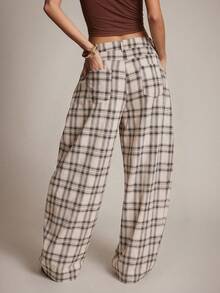 SHEIN Haute New Arrival Retro Plaid Loose Casual Pants For Women - Apricot - View 2