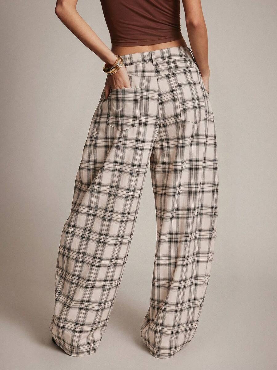 Hauture Nuevos pantalones casuales holgados de estilo retro a cuadros para mujeres - Albaricoque - Ver 1