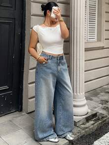 Dazy Plus Plus Size Women's Casual Elegant Gradient Rhinestone Design Loose Straight Leg Jeans, Suitable For All Seasons - Light Wash - View 6