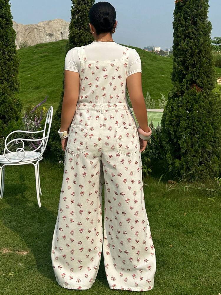 Dazy Plus Ditsy Floral All-Over Flower Denim Bib Pants, Casual Plus Size Women Denim Jumpsuit, Spring/Summer