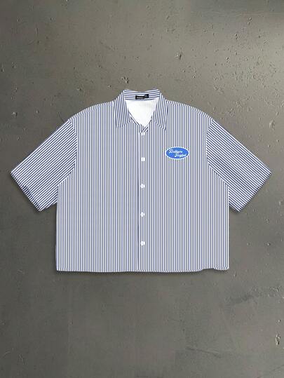 StoneGrade Casual Fashion Men's Classic Blue & White Striped Small Logo Print Short Sleeve Shirt, Suitable For Everyday Casual, Hangout With Friends, Gift For Boyfriend