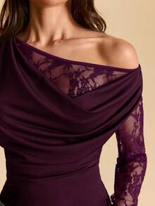 SHEIN BAE Bodysuit Transparan dengan Motif Renda Asimetris, Bodysuit Renda Seksi untuk Musim Panas - Merah tua - View 5