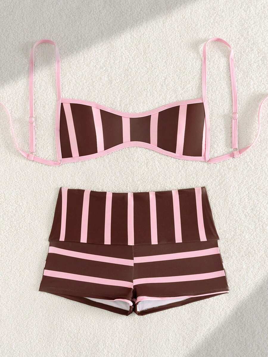 Swim Vcay 女士优雅时尚泳装,条纹吊带背心套装,配有可调节细肩带,适合度假、海滩、派对和泳池穿着。 - 彩色 - 查看 1