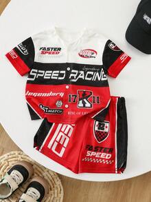 SHEIN 2件套男女宝宝休闲时尚短袖衬衫短裤套装，赛车手服装，男宝宝夏季服装 - 紅色 - 查看 2