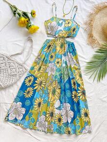 Vestido camisero retro de línea A y largo midi con impresión floral tropical verde, abertura lateral con lazo en la cintura, estilo vacacional - Multicolor - Ver 6