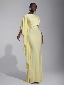 Elitara Elegant Luxurious Satin Ruffle Sleeve Decor Sexy Slit Fishtail Bridesmaid Dress - Yellow - View 5