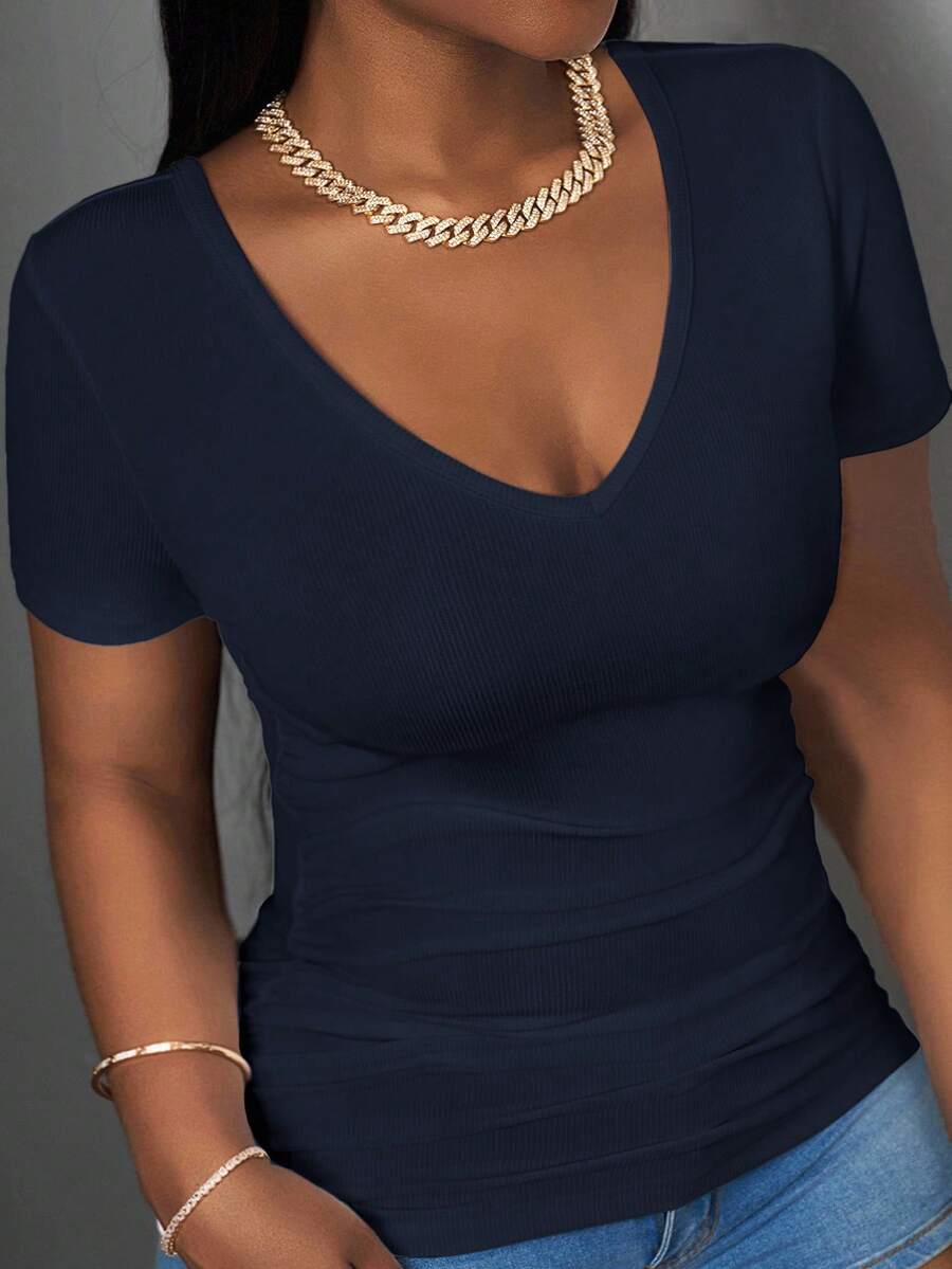 Slaydiva 2025 New Basic Racerback Tank Top For Plus Size Women, Deep V-Neck Ribbed Knit Sleeveless White T-Shirt - Navy Blue - View 1