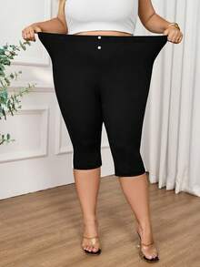 SHEIN CURVE+ 女士纯色长裤，夏季时尚之选 - 黑色 - 查看 8