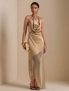 Vesra Women's Solid Color Plunging Neck Mesh Hem Dress - Khaki - View 6