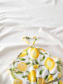 Tween Girl Lemon Print Side Slit Halter Vacation Dress - Yellow - View 4