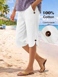 SHEIN LUNE CURVE Women's Plus Size Casual White 100% Cotton Linen Shorts,Comfortable Basic Solid Long Pants,Summer Sommar Outerwear,Vacation Holiday,Soft - White - View 6