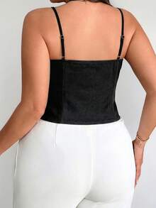 Firerie Plus Size Elegant Sexy Black Denim Corset Top, Summer Clasic Lace Trim Hook Front Camisole, Sweetheart Neckline Adjustable Straps Bustier, Night Out - Black - View 2