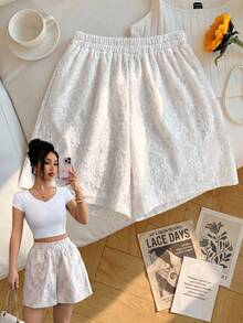 SHEIN Elenzya Quần short nữ ren cạp chun, thanh lịch, lãng mạn. - Màu be - Xem 3
