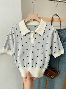 SHEIN EZwear 女款針織波點 Polo 領短袖上衣，優雅通勤百搭，夏季款 - 彩色 - 查看 5