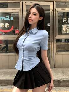 DAZY 女士休闲前扣腰牛仔衬衫，夏季 - 藍色 - 查看 6