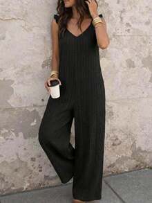 EMERY ROSE 女士度假纯色荷叶袖阔腿宽松连体裤 - 黑色 - 查看 1