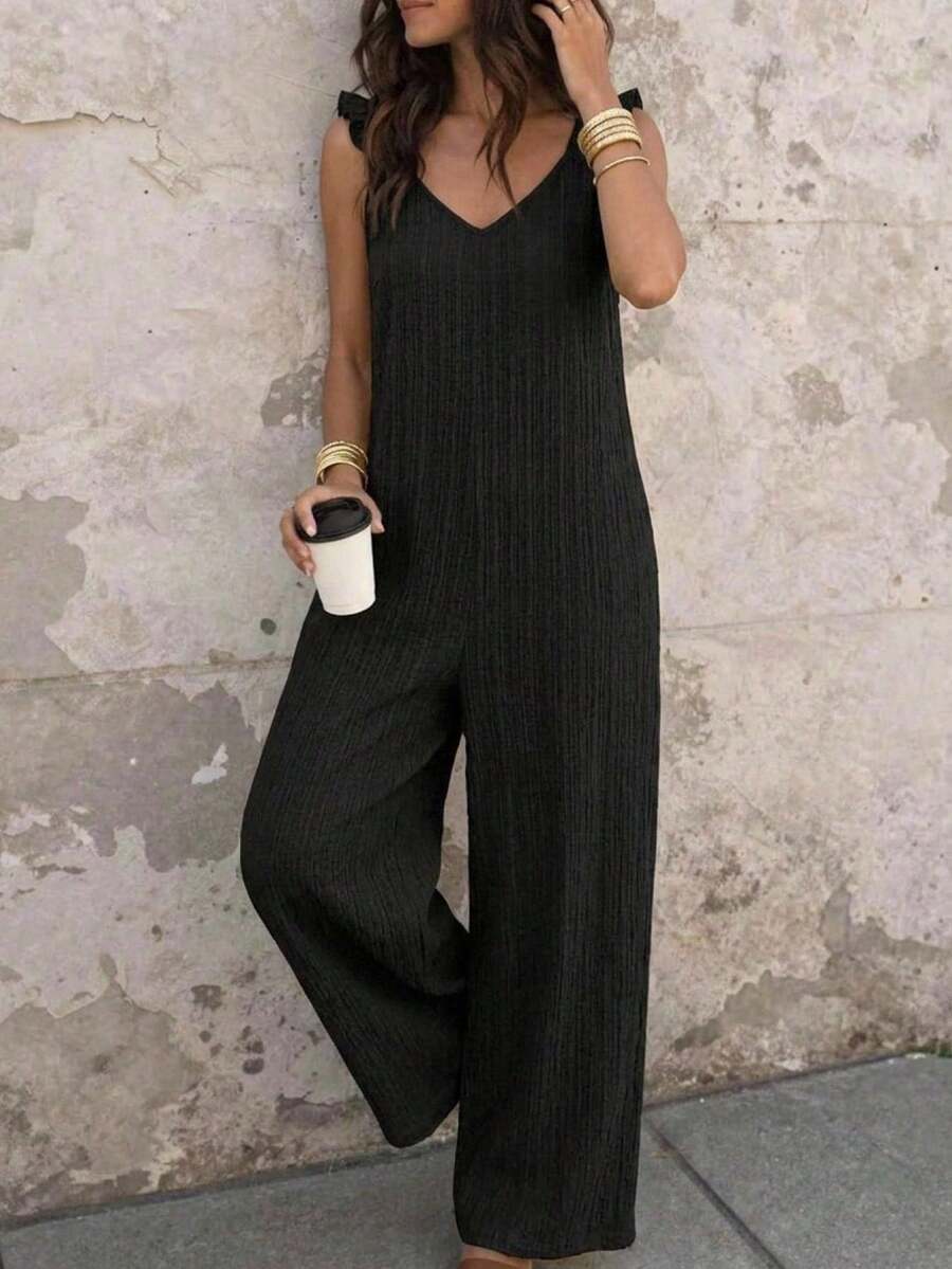 EMERY ROSE 女士度假纯色荷叶袖阔腿宽松连体裤 - 黑色 - 查看 1