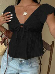 Women's Solid Color Deep V-Neck Casual Versatile Daily Wear T-Shirt - Black - View 6