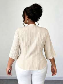 Plus Size Women's Solid Color Commuter Minimalist Notched Neck Half Sleeve Elegant Cardigan Casual Blouse, Spring/Autumn - Apricot - View 2