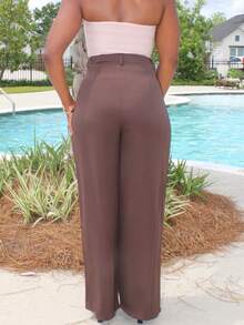 女士复古优雅提花卷边褶皱阔腿裤，秋冬 - 咖啡棕 - 查看 2