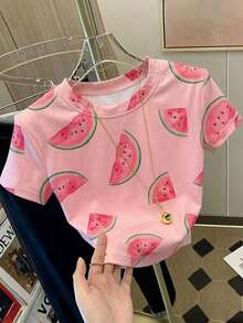 Áo thun croptop in hình dưa hấu, thoải mái và thoáng khí cho mùa hè - Hồng - Xem 1